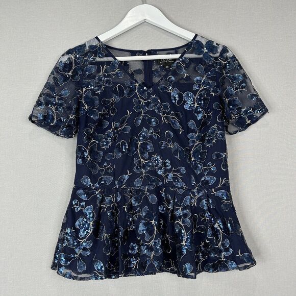 Tahari Womens Top Medium Blue Floral Sequin Peplum Blouse Evening Date Night - Picture 1 of 13